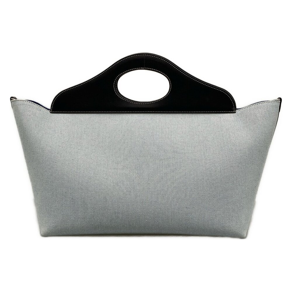 BURBERRY Soft Pocket Tote Bag Logo Canvas Embossed Blue Black Leather - Picture 3 of 7